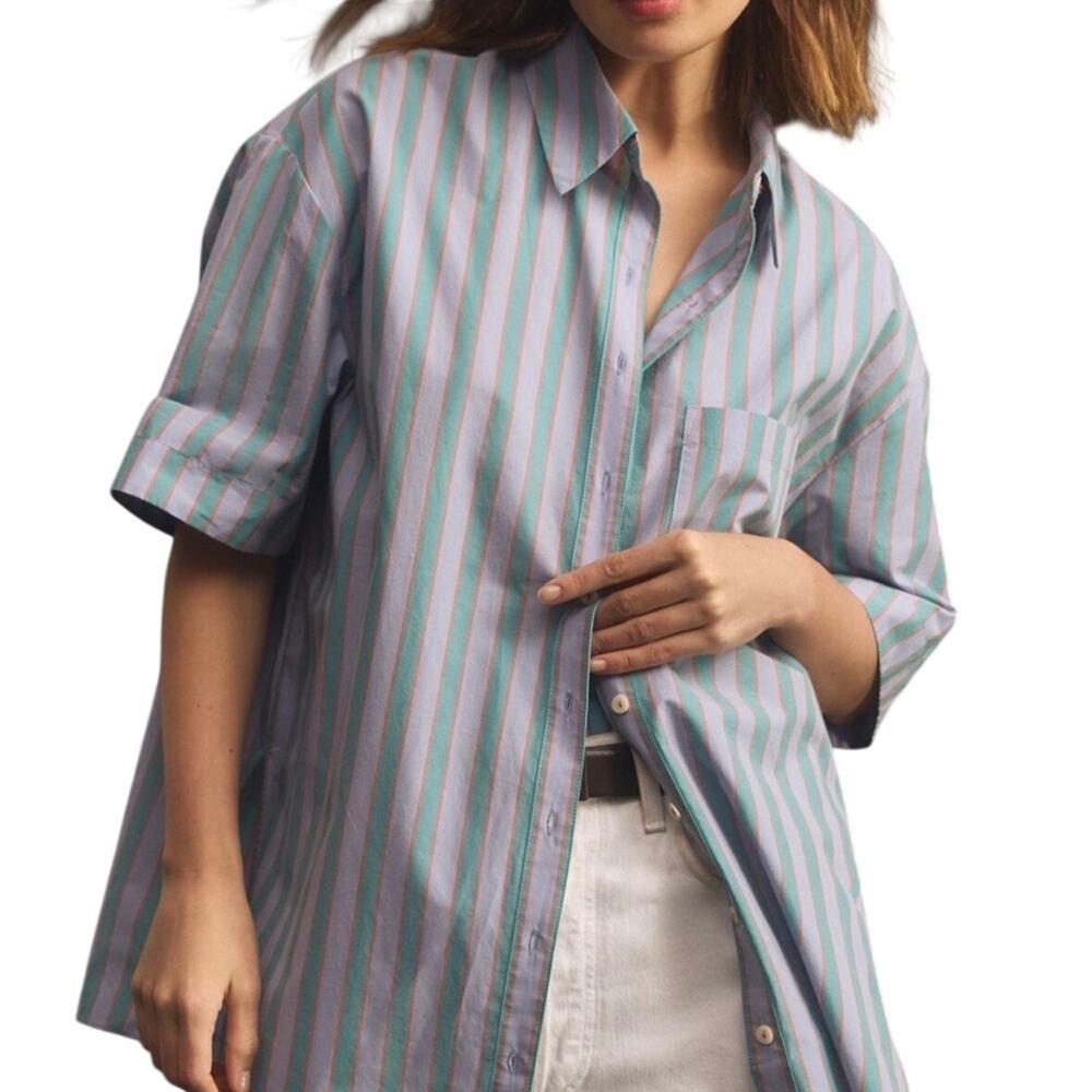 Anthropologie Lilac & Green Stripe Short Sleeve Button Up Shirt Womens XS Cotton
